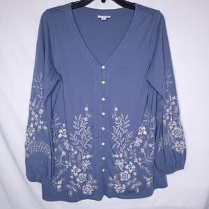 J Jill Cardigan Sweater Small Petite Blue Embroidered Floral V Neck Accents